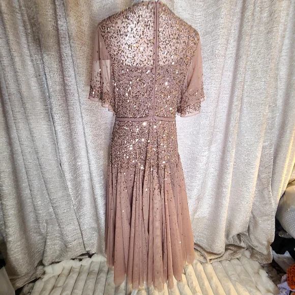 Mac‎ Duggal 93655 Rosewood Cape Sleeve Beaded Tea Length A-Line Midi Dress Sz 10 - Picture 6 of 11